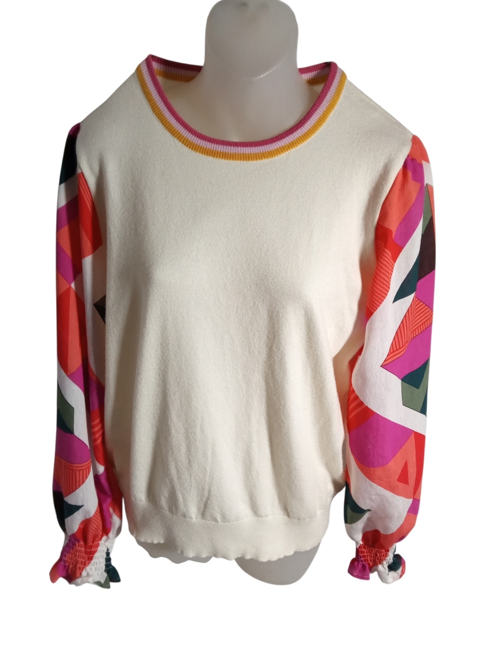 THML Cream Pullover Sweater Colorful Abstract Balloon Sleeve Statement Top Sz L - Picture 2 of 8